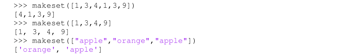 A set of six code lines in Python with the make set function.