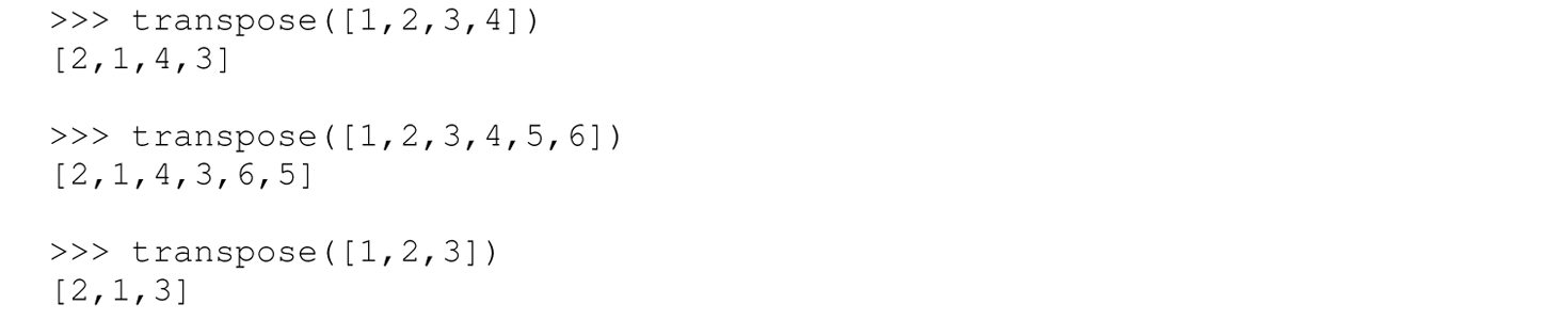 A set of six code lines in Python with the transpose function.