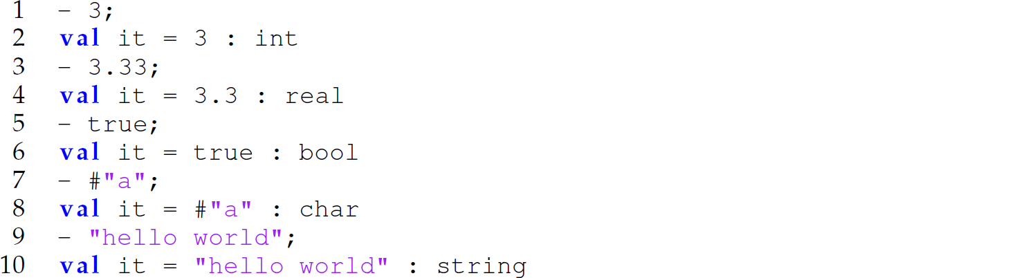 A set of 10 code lines in M L with five primitive types: Integer, real, Boolean, character, and string.