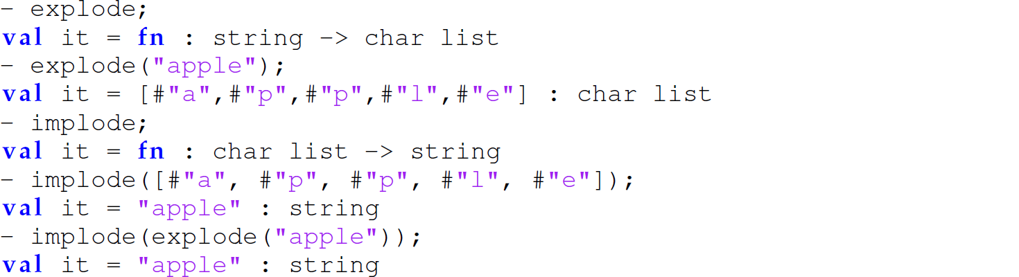 A set of 10 code lines in M L with the functions explode and implode.