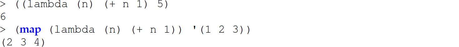 A set of four code lines consisting of Scheme expressions.