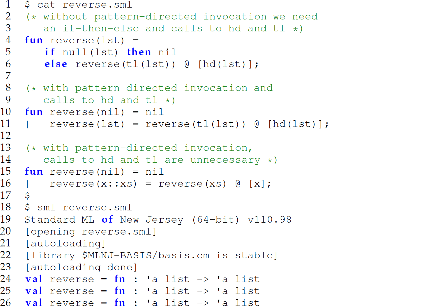 A set of 26 code lines in M L with the function reverse.