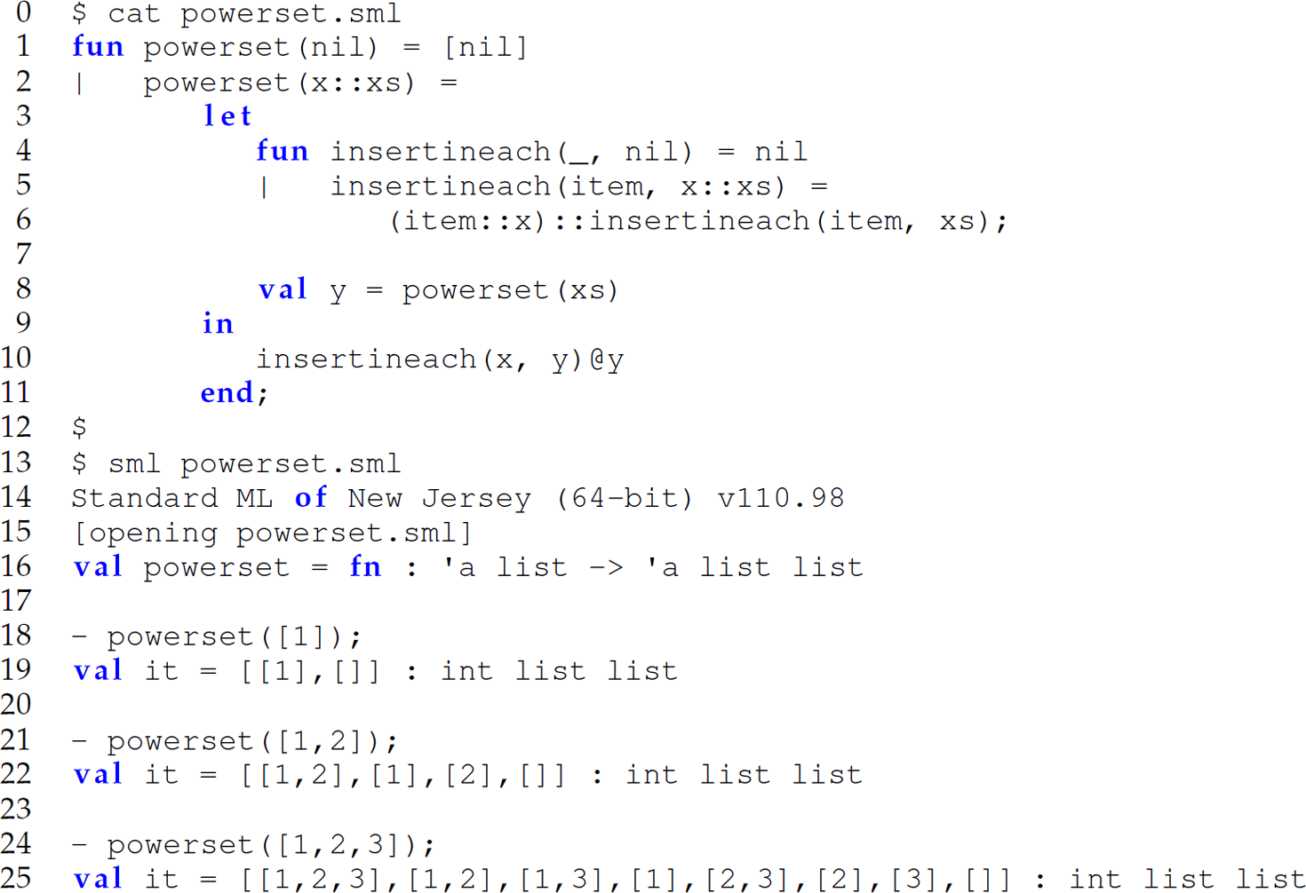 A set of 26 code lines in M L with the functions powerset and insert in each.