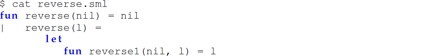 A set of five code lines in M L with the function reverse.