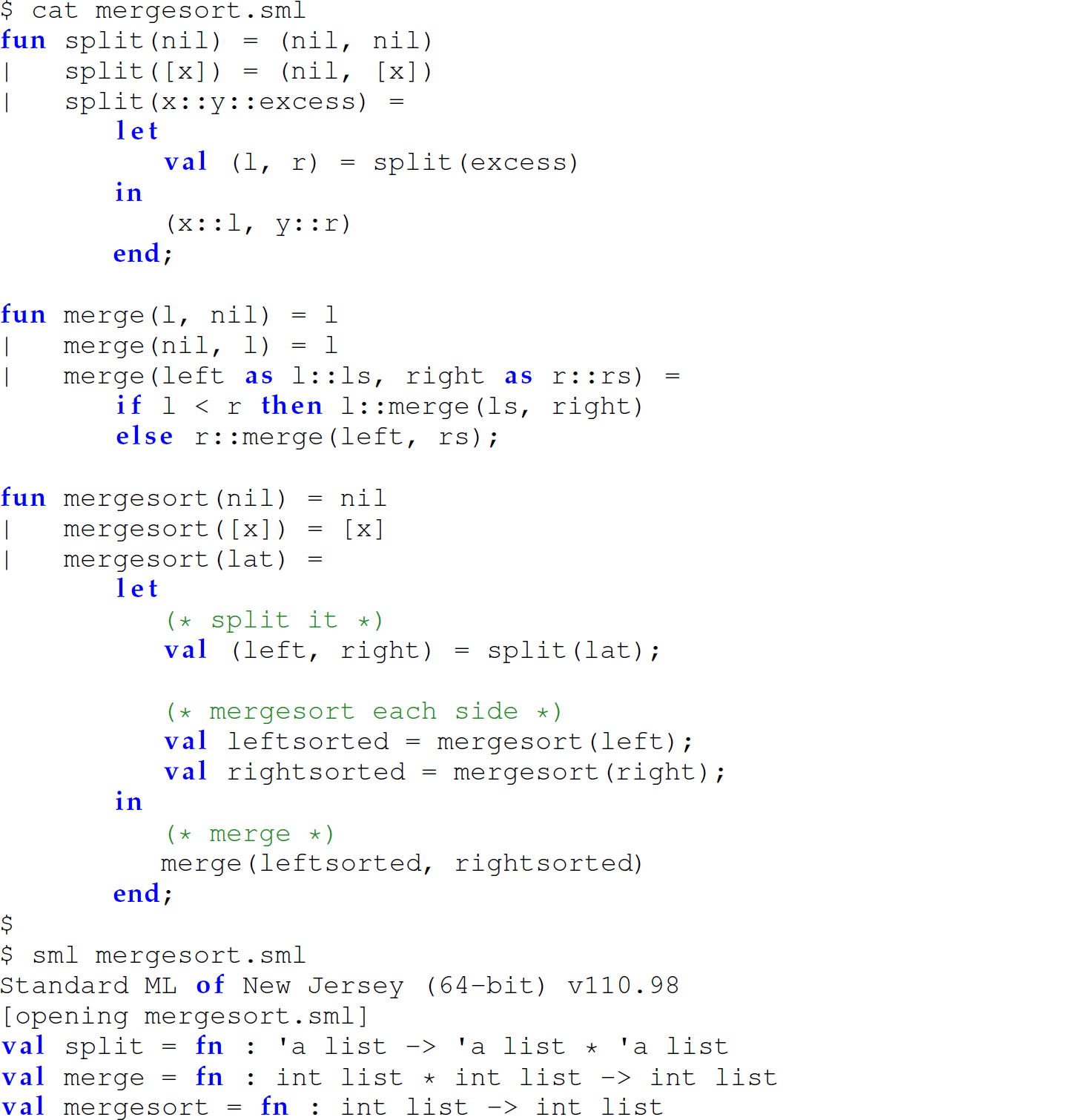 A set of 34 code lines in M L with the function merge sort in an unnested, unhidden, and flat version.