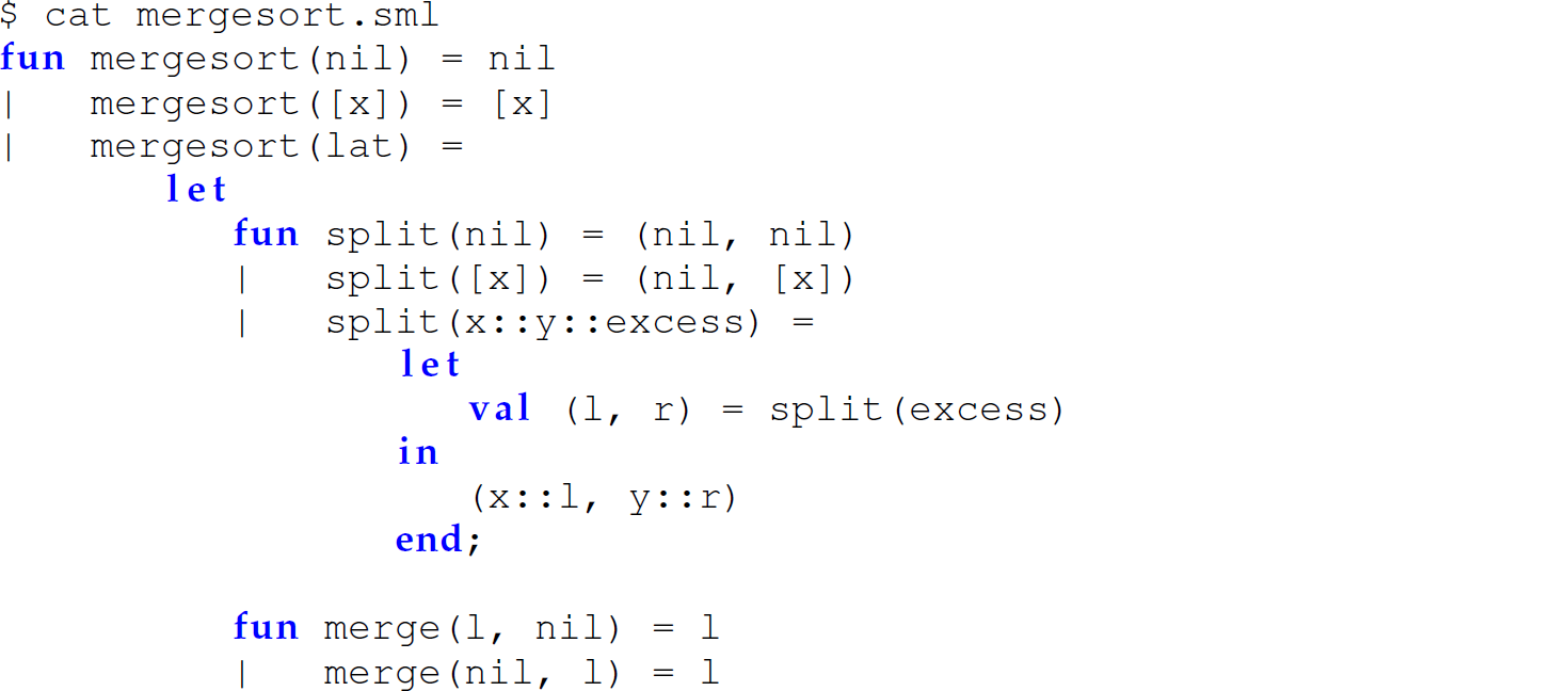 A set of 15 code lines in M L with the function merge sort in a nested and hidden version.