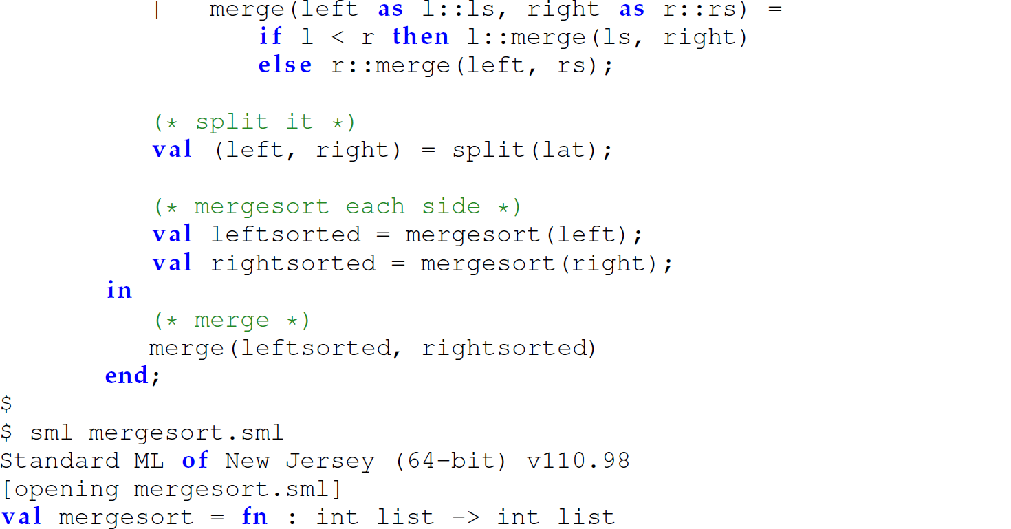 Continuation of the code in M L with the function merge sort in a nested and hidden version, consisting of 17 lines.