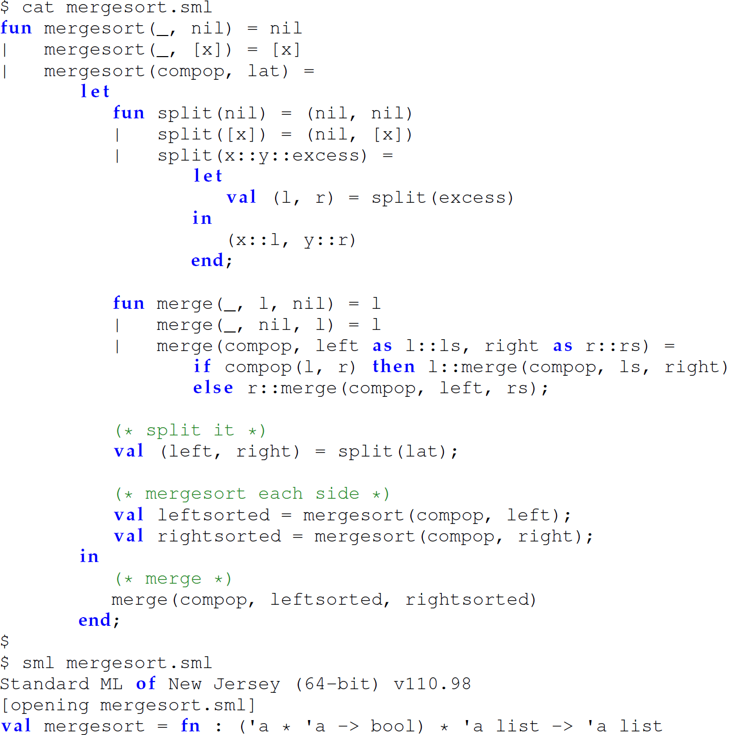 A set of 32 code lines in M L with the function merge sort in a nested, hidden version accepting a comparison operator as a parameter.