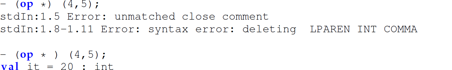 A set of five code lines in M L with the function o p followed by a closing lexeme for a comment.