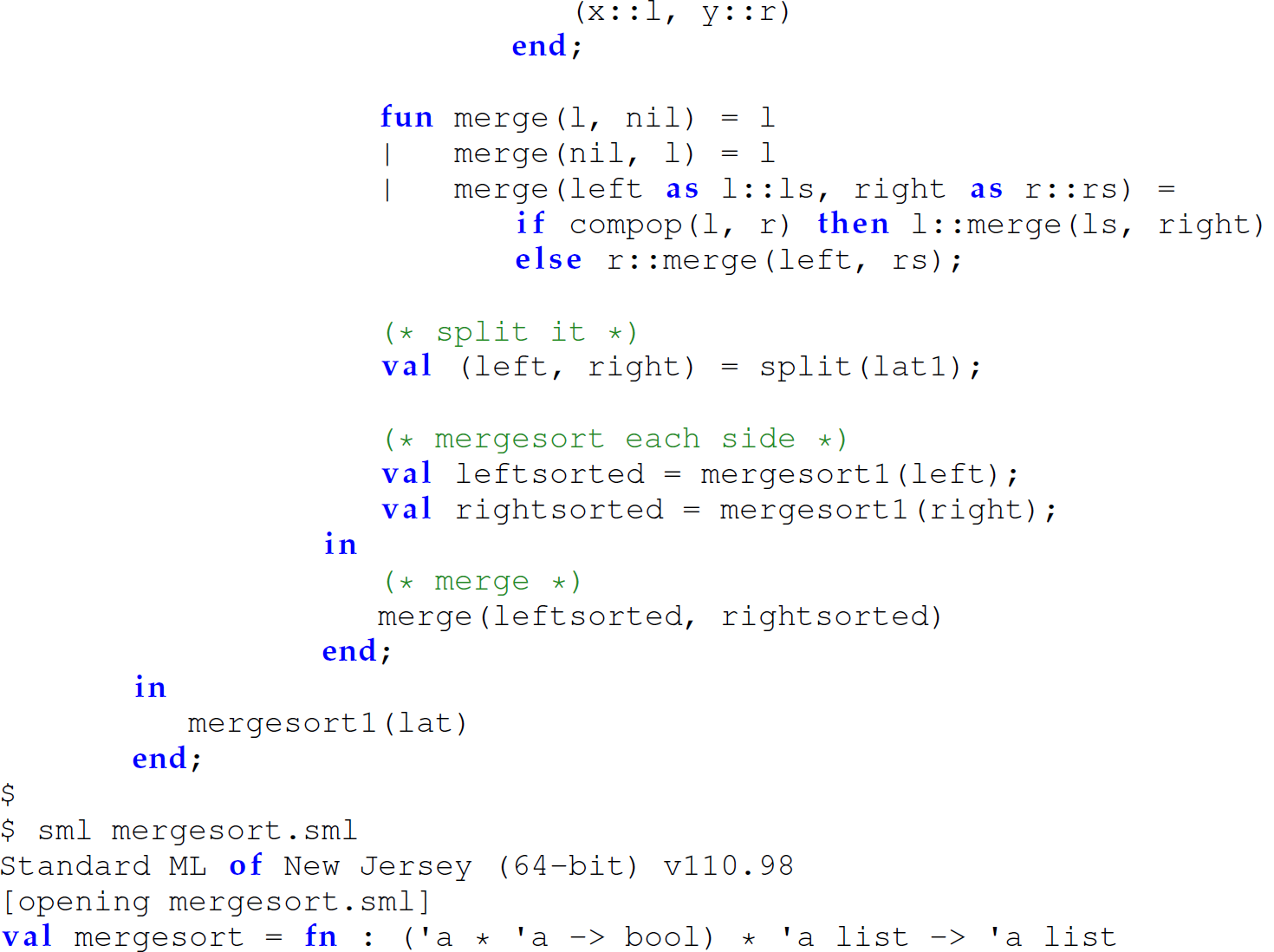 Continuation of the code in M L with the function merge sort using nested, protected functions, consisting of 24 lines.