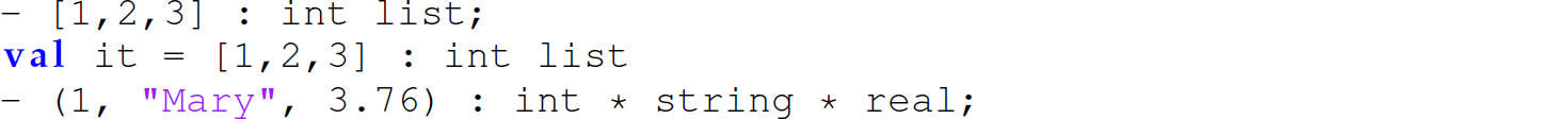 A set of three code lines in M L for demonstrating the use of explicitly declared types.