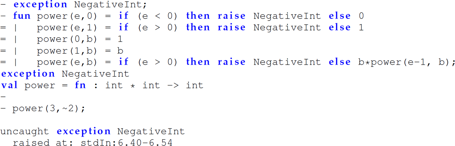 A set of 12 code lines in M L for an example of an exception.