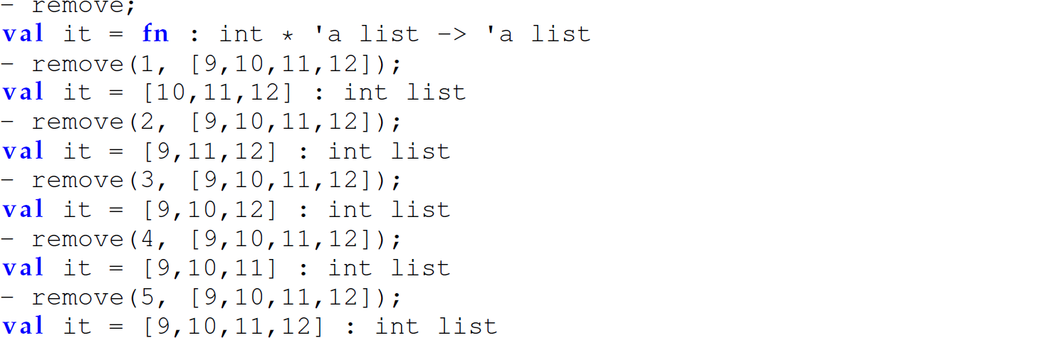 A set of 12 code lines in M L with the function remove.