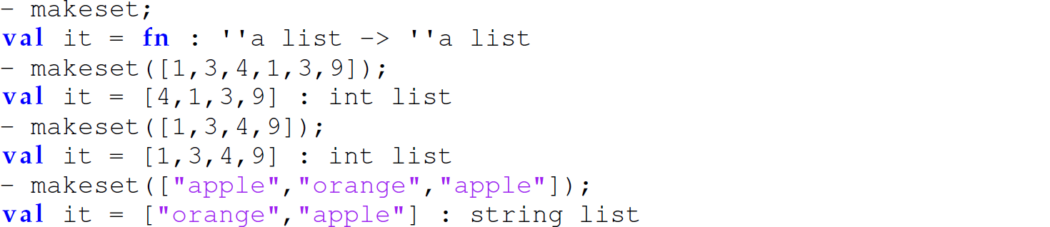 A set of eight code lines in M L with the function make set.