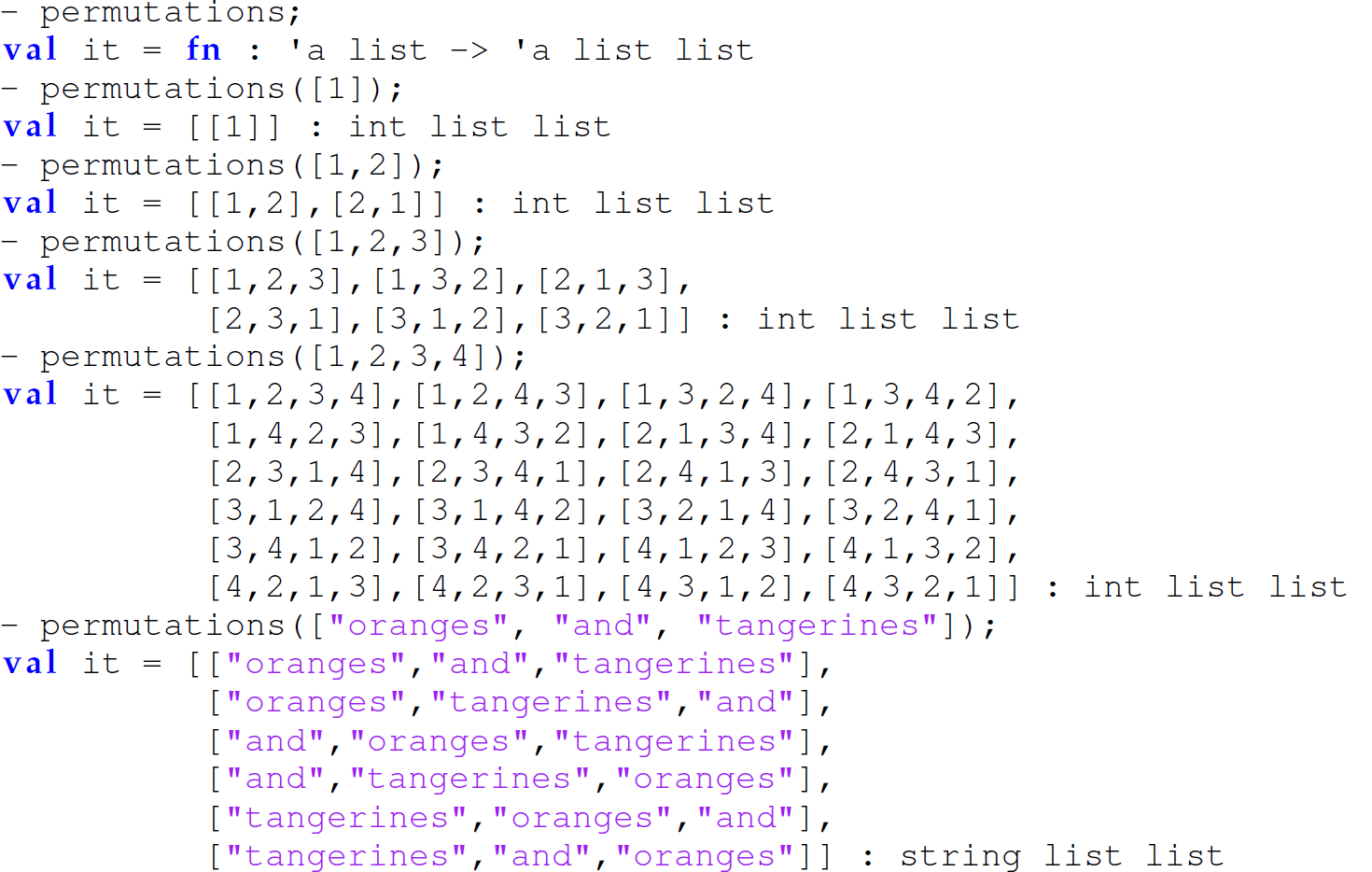 A set of 23 code lines in M L with the function permutations.