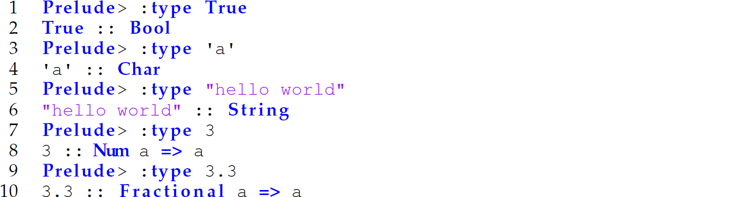 A set of 10 code lines in Haskell with five primitive types: Fixed precision integer, arbitrary precision integer, single precision real, Boolean, and character.