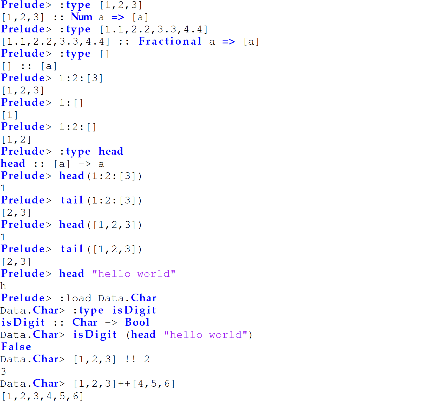 A set of 33 code lines in Haskell consisting of lists.