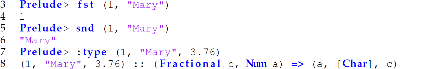 Continuation of the code in Haskell for making elements of a pair accessible with different functions, consisting of six lines.