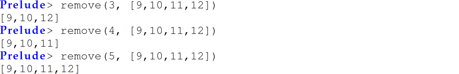 Continuation of the code in Haskell with the function remove, consisting of six lines.