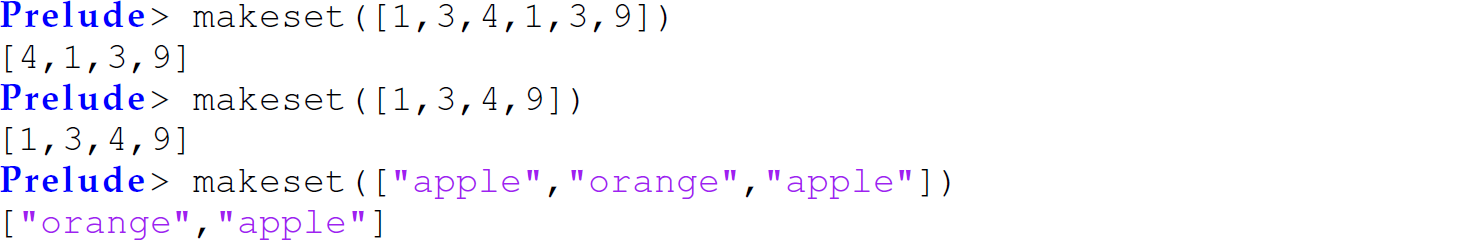 A set of six code lines in Haskell with the function make set.