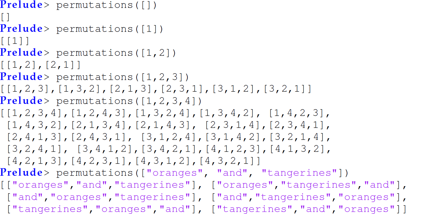 A set of 18 code lines in Haskell with the function permutations.