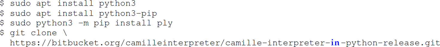 A set of five code lines in Camille that uses the apt package manager.