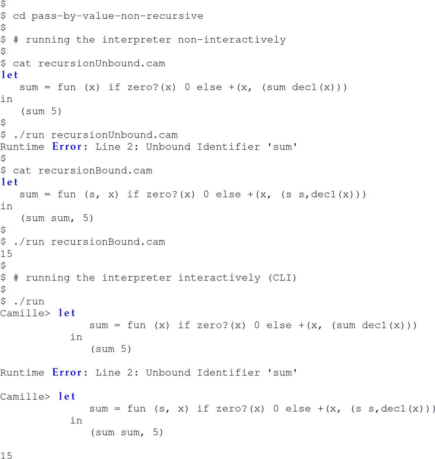 Continuation of the code in Camille for simulating support for recursion by passing a function to itself, consisting of 36 lines.