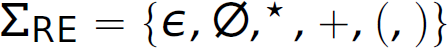 Summation, subscript R E dash, left curly brace, element of set, Circle with a diagonal line across it, asterisk, plus comma, left parenthesis, comma, right parenthesis, right curly brace.