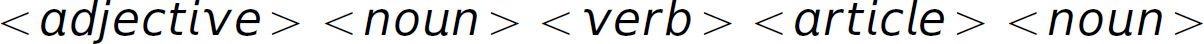 The code line is as follows. Left angle bracket, adjective, right angle bracket, left angle bracket, noun, right angle bracket, left angle bracket, verb, right angle bracket, left angle bracket, article, right angle bracket, left angle bracket, noun, right angle bracket.