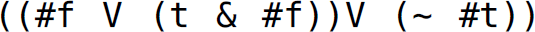 Left parenthesis, left parenthesis, hash f V, left parenthesis, t ampersand hash f, left parenthesis, left parenthesis, V, left parenthesis, tilde hash t, right parenthesis, right parenthesis.