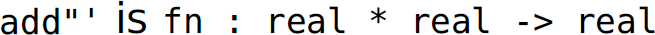 add, double quotes, single quote, is f n colon real asterisk real minus greater than real.