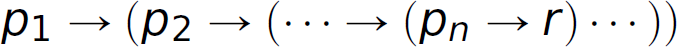 The type signature of f subscript curried: p subscript 1, right arrow, left parenthesis, p subscript 2, right arrow, left parenthesis, ellipsis, right arrow, left parenthesis, p subscript n, right arrow, r, right parenthesis, ellipsis, right parenthesis, right parenthesis.