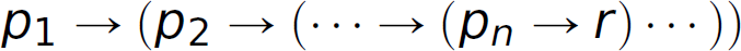 The type signature of f subscript curried: p subscript 1, right arrow, left parenthesis, p subscript 2, right arrow, left parenthesis, ellipsis, right arrow, left parenthesis, p subscript n, right arrow, r, right parenthesis, ellipsis, right parenthesis, right parenthesis.