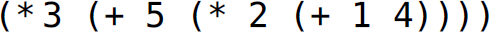 Left parenthesis, asterisk 3, left parenthesis, plus 5, left parenthesis, asterisk 2, left parenthesis, plus 1 4, right parenthesis, right parenthesis, right parenthesis, right parenthesis.