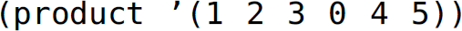 Left parenthesis, product, single quotes, left parenthesis, 1 2 3 0 4 5, right parenthesis, right parenthesis.