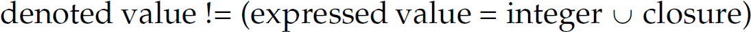 An expression: Denoted value, exclamation mark equals, left parenthesis, expressed value equals integer union closure, right parenthesis.