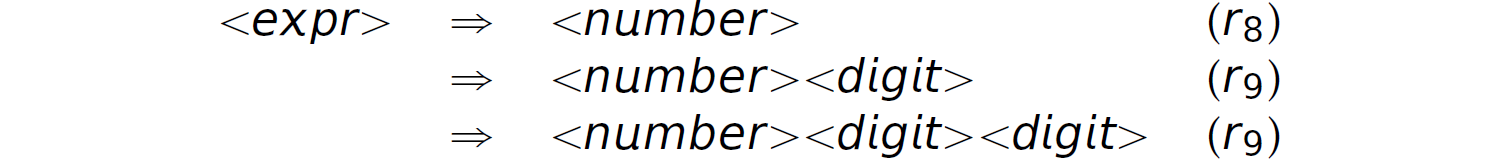 A leftmost derivation of an expression in three lines.