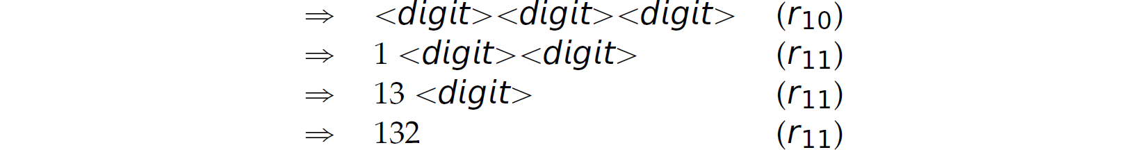 Continuation of the leftmost derivation of an expression in four lines.