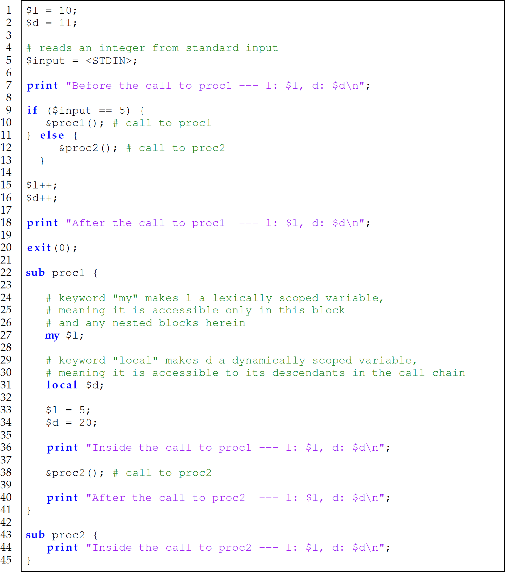 A set of 45 code lines in a Perl program for demonstrating dynamic scooping.
