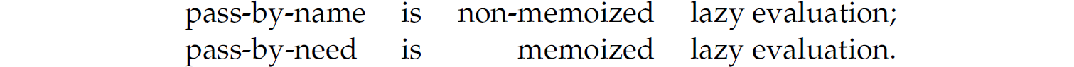 Pass-by-name is non-memoized lazy evaluation. Pass-by-need is memorized lazy evaluation.