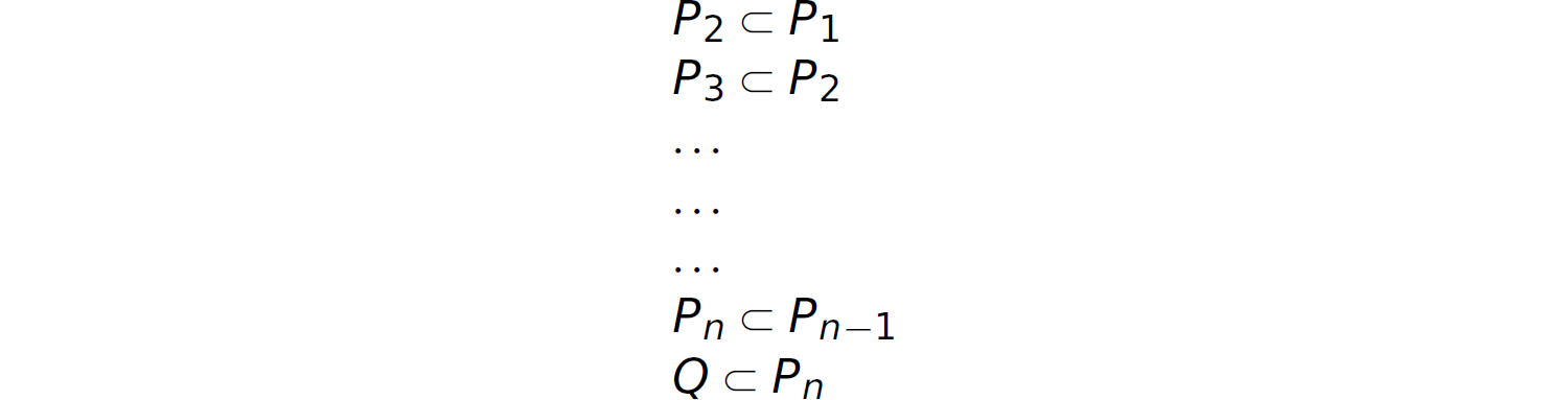 The code lines are as follows. Line 1. P 2 inverted C P 1. Line 2. P 3 inverted C P 2. Line 3. Ellipsis. Line 4. Ellipsis. Line 5. Ellipsis. Line 6. P, subscript n inverted C P, subscript n minus 1. Line 6. Q inverted C P n.