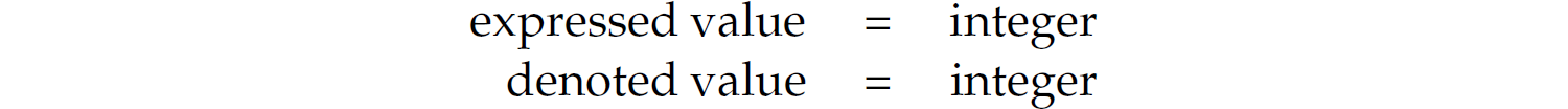 Two expressions. Expressed value equals integer. Denoted value equals integer.