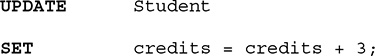 A listing of an S Q L query. The query is as follows.
Line 1. UPDATE Student.
Line 2. SET credits equals credits plus 3, semicolon.
