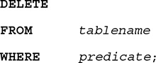 Syntax of the DELETE command.
Line 1. DELETE.
Line 2. FROM table name.
Line 3. WHERE predicate, semicolon.
