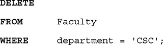 An S Q L command to erase all faculty records in the C S C department. The command is as follows.
Line 1. DELETE.
Line 2. FROM Faculty.
Line 3. WHERE department equals, open single quote, C S C, close single quote, semicolon.
