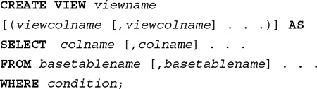 Syntax of the S Q L command used to create a view.
Line 1. CREATE VIEW view name.
Line 2. Open square bracket, open parentheses, view col name, open square bracket, comma, view col name, close square bracket, dot, dot, dot, close parentheses, close square bracket, AS.
Line 3. SELECT col name, open square bracket, comma, col name, close square bracket, dot, dot, dot.
Line 4. FROM base table name, open square bracket, comma, base table name, close square bracket, dot, dot, dot.
Line 5. WHERE condition, semicolon.
