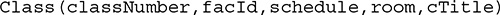 A schema for the table labeled Class. The statement is as follows. Class, open parentheses, class Number, comma, f a c I d, comma, schedule, comma, room, comma, c Title, close parentheses. 