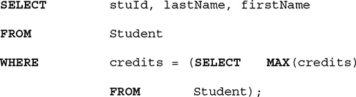 An S Q L query. The query is as follows.
Row 1. SELECT s t u I d, comma, last Name, comma, first Name.
Row 2. FROM Student.
Row 3. WHERE credits, equals, open parentheses, SELECT MAX, open parentheses, credits, close parentheses.
Row 4. FROM Student, close parentheses, semicolon.
