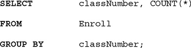 
A listing of an S Q L query. The query is as follows.
Line 1. SELECT class Number, comma, COUNT, open parentheses, asterisk, close parentheses.
Line 2. FROM Enroll.
Line 3. GROUP BY class Number, semicolon.
