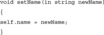 Line 1. void set Name open parentheses in string new Name close parentheses.
Line 2. Open curly brace.
Line 3. self dot name equals new Name semicolon.
Line 4. Close curly brace.
